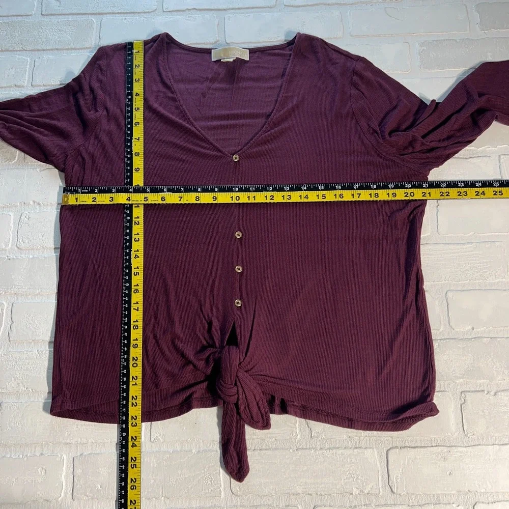 Michael‎ Kors Top Womens XL Purple Ribbed Knit Tie Hem 3/4 Sleeve Buttons V-Neck